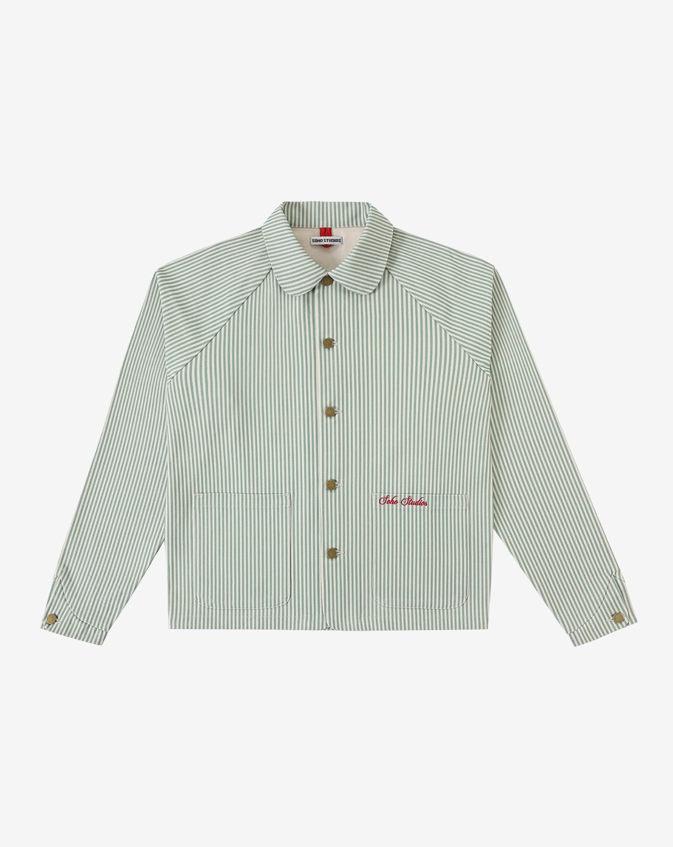 Green and white striped shirt with a brand logo on a white background