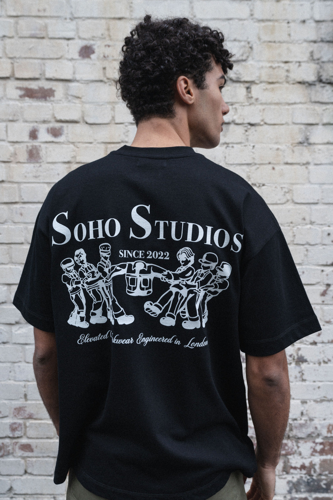 Men wearing Soho Studio BLACK 'GRAFTER' T-SHIRT showing back 