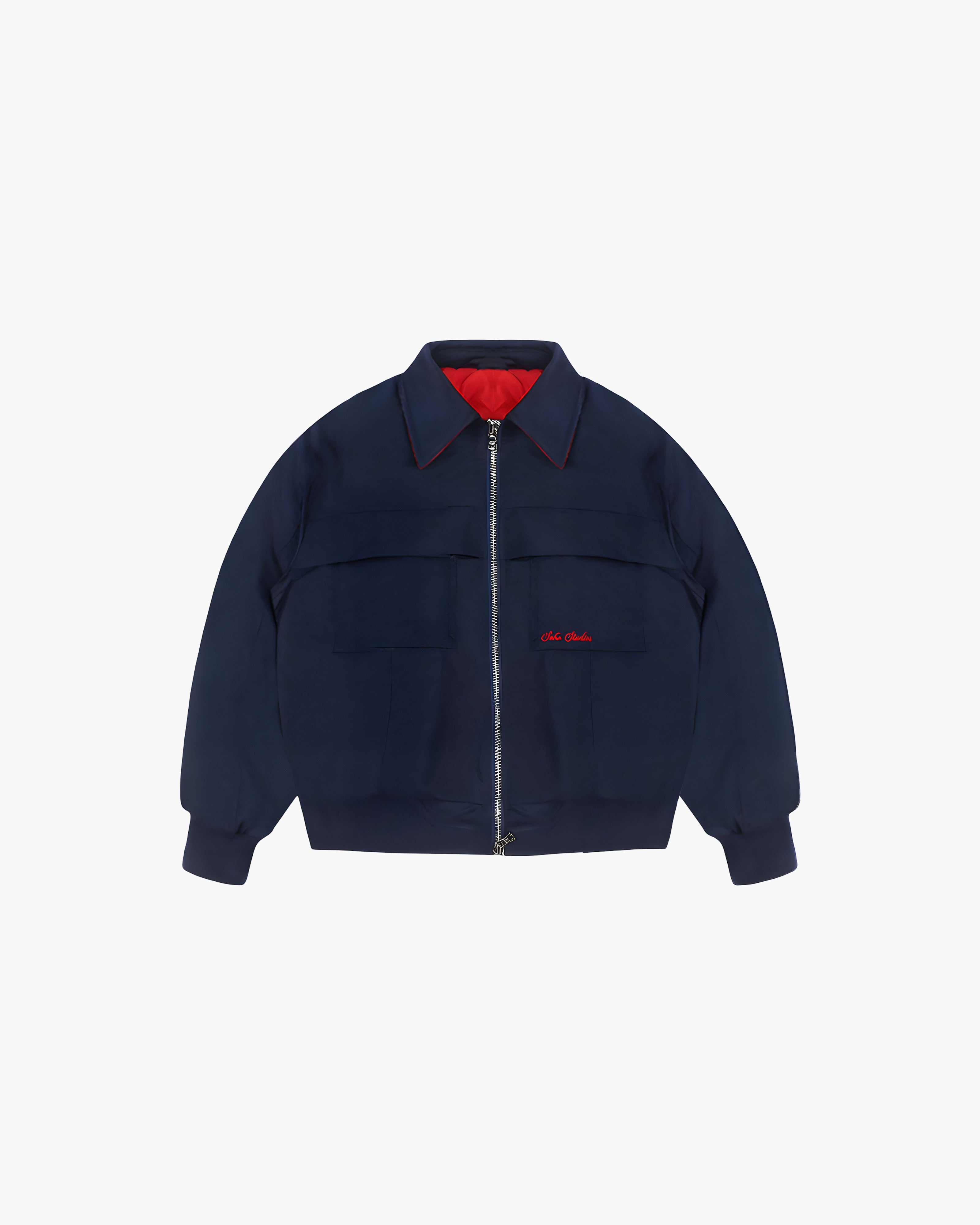Navy blue jacket with red interior lining on a white background