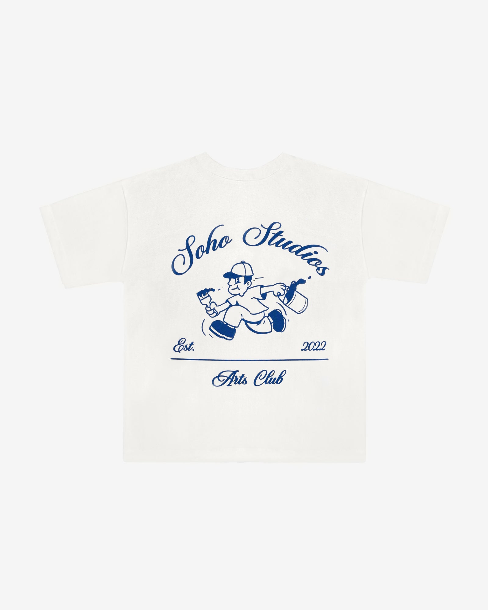 A white t-shirt with a navy blue Arts Club mascot screenprint on the front.