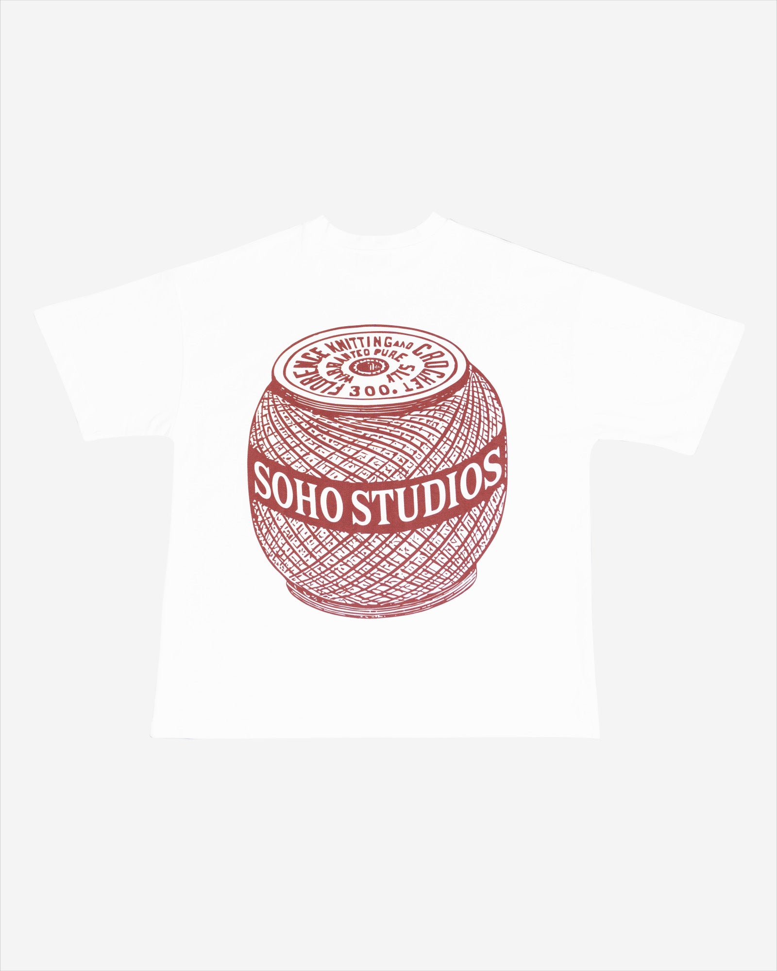 A white t-shirt with a burgundy screen printed logo on the back that reads 'SOHO STUDIOS' and a date '2008'.