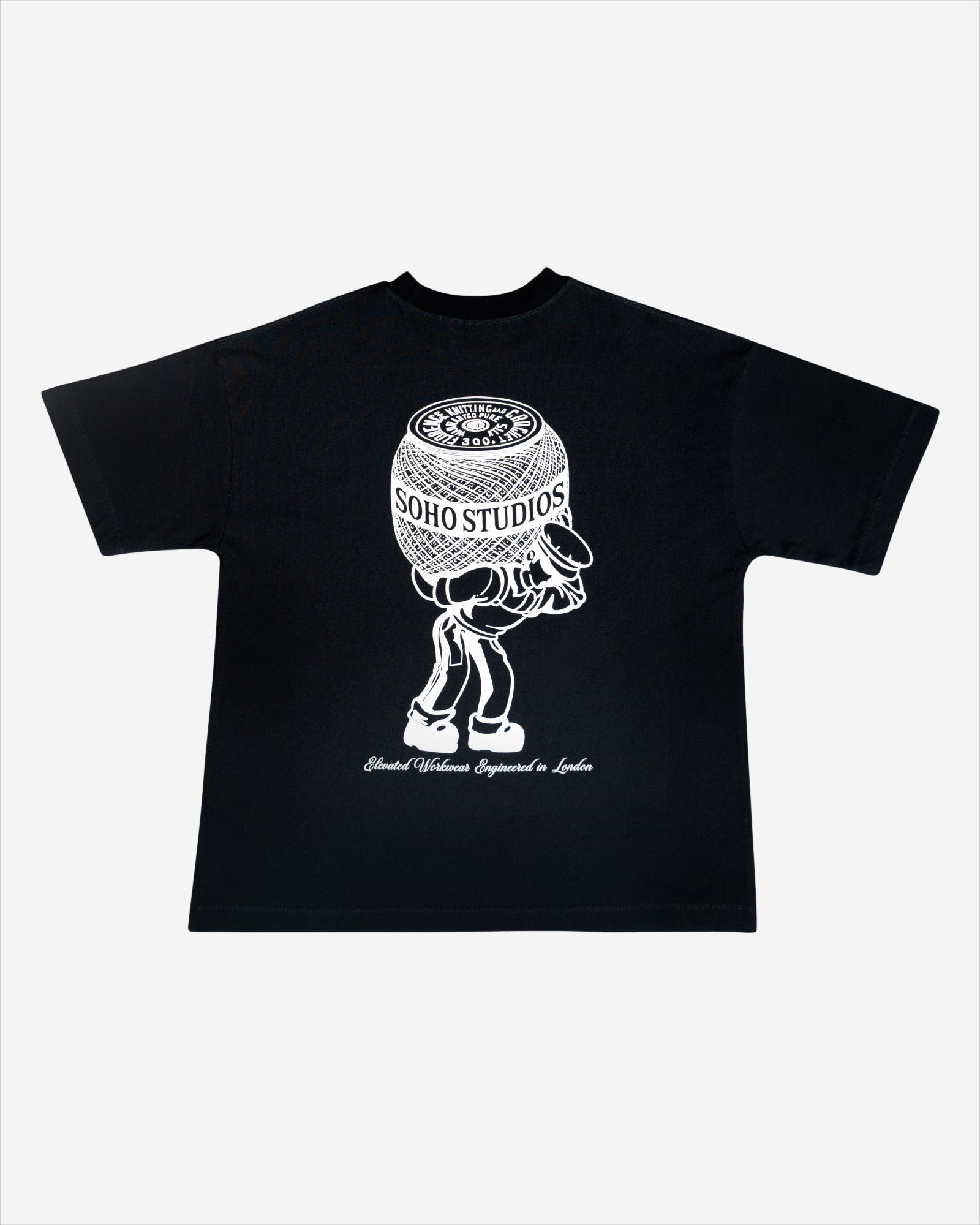 This image features the BLACK 'ATLAS MASCOT' T-SHIRT, presented in a striking black color with a bold, white print of an Atlas Mascot on the back. The t-shirt is made from a heavyweight, super-soft cotton that has a weight of 300GSM, ensuring both comfort and durability.
