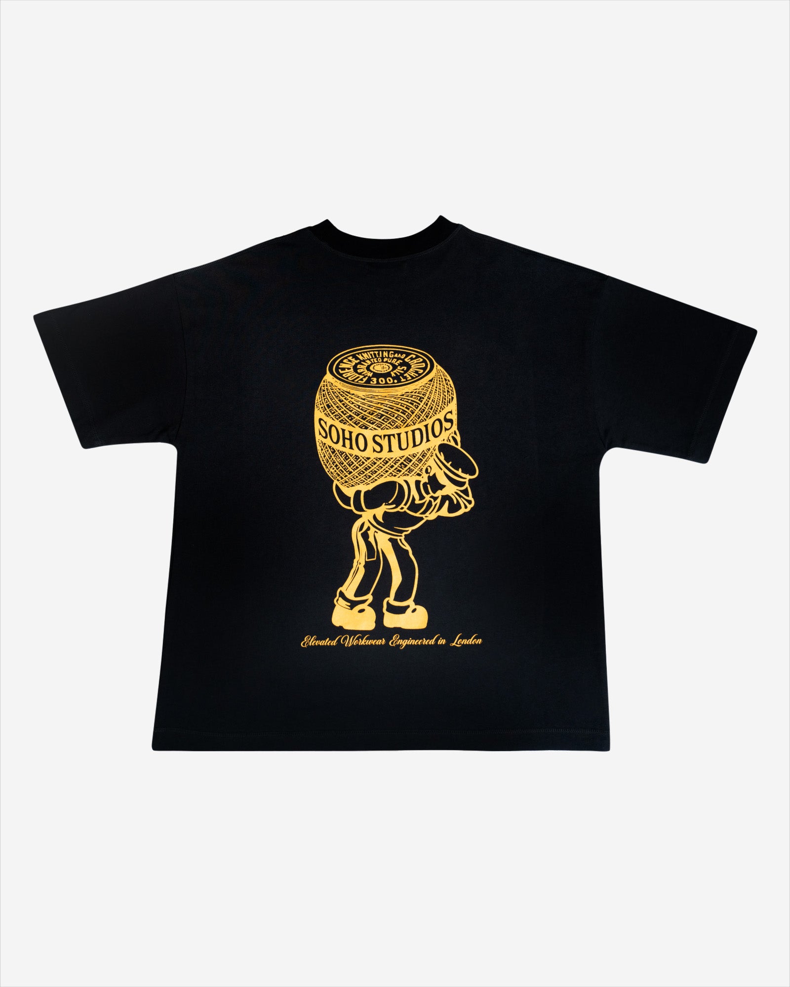 Black 'Atlas Mascot' t-shirt with yellow screen print on the back, displaying a stylized character and the text 'SOHO STUDIOS'.