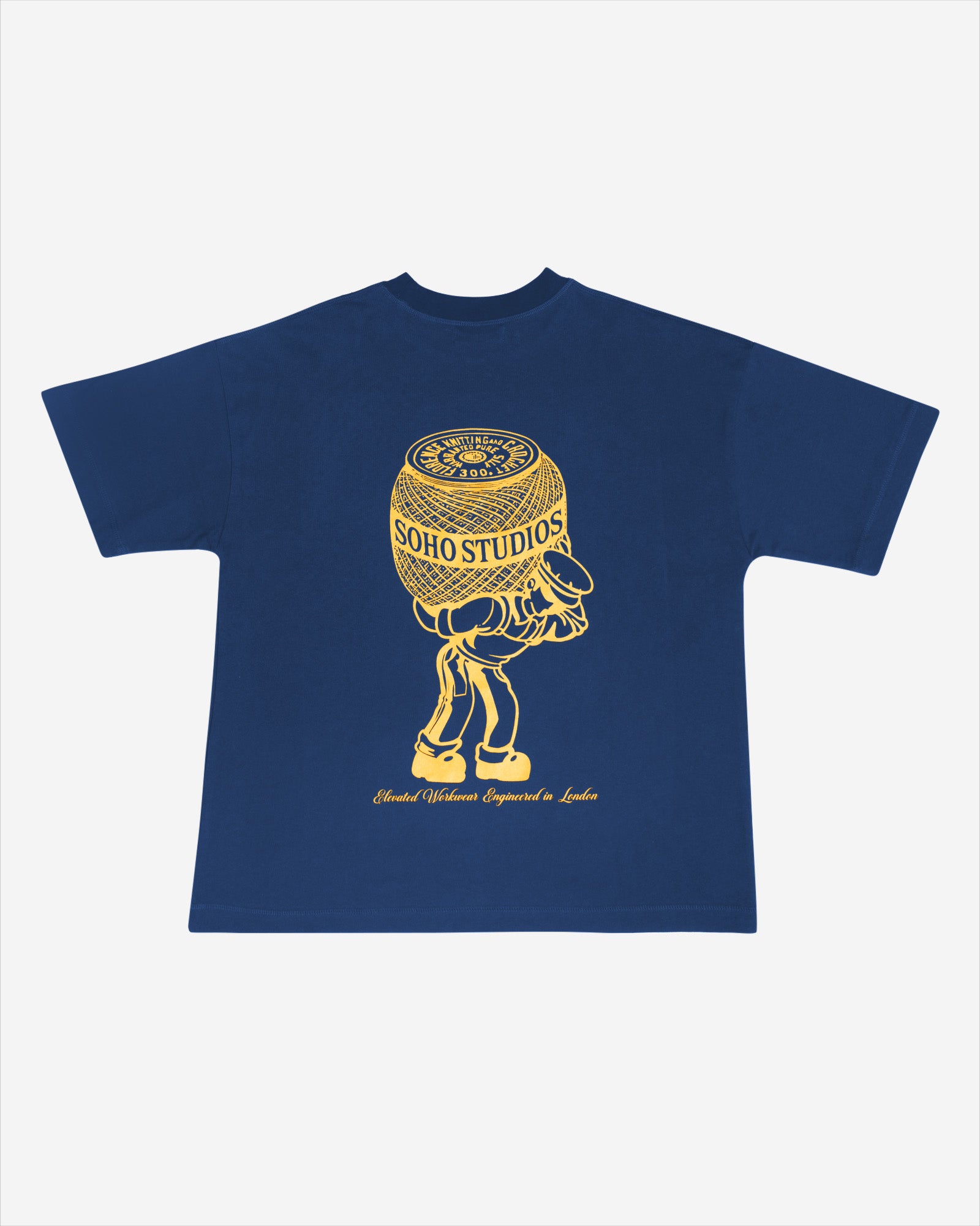 A navy blue t-shirt with a yellow and gold screen printed logo of a stylized character on the back.