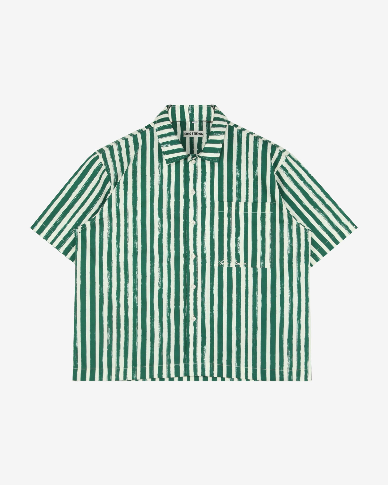 GREEN 'BRUSHSTROKE' STRIPED SHIRT with white background 