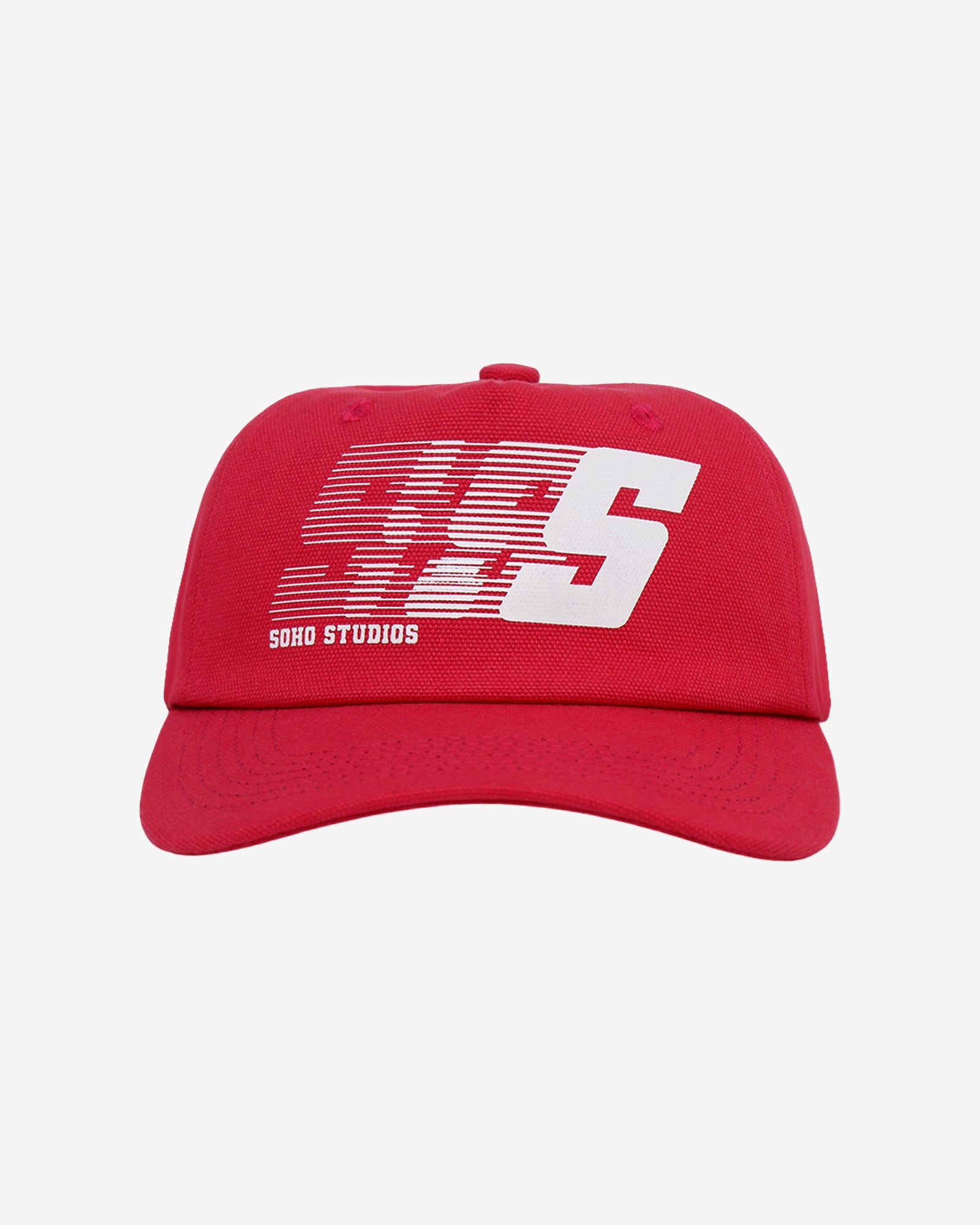 Red cap with white Soho Studio logo and text on a light gray background