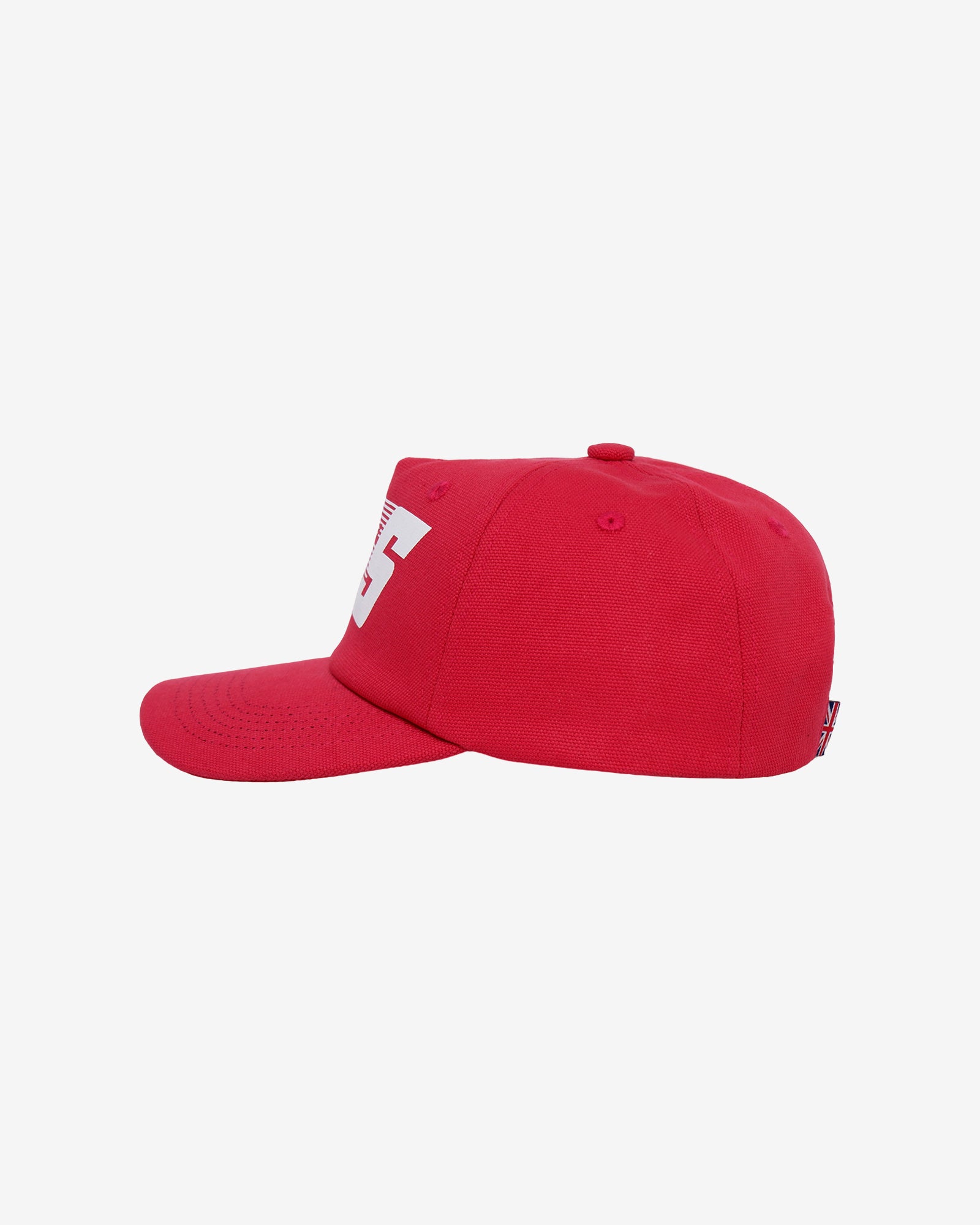 Red cap with a white logo on a light gray background