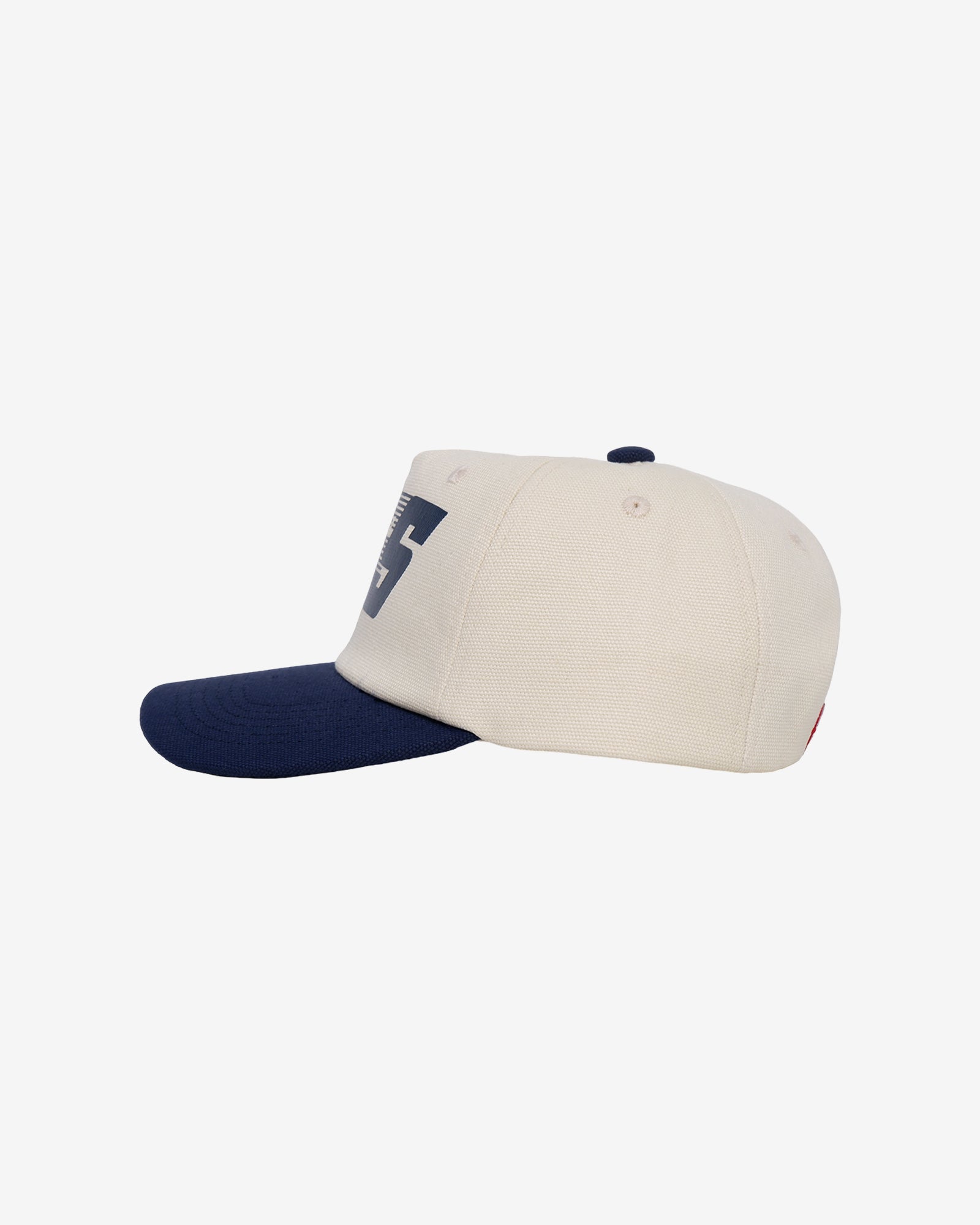 Two-tone cap with white front and navy visor on a white background