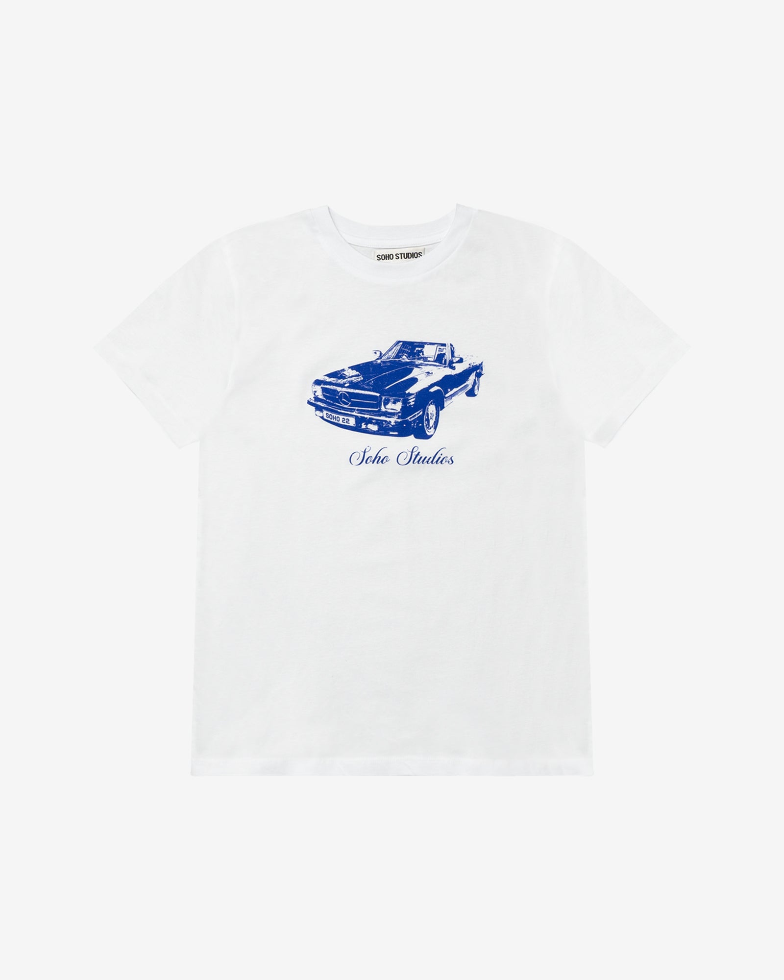 A white crew neck t-shirt with a screen-printed vintage Mercedes on the chest, labeled 'baby 'Benz'.