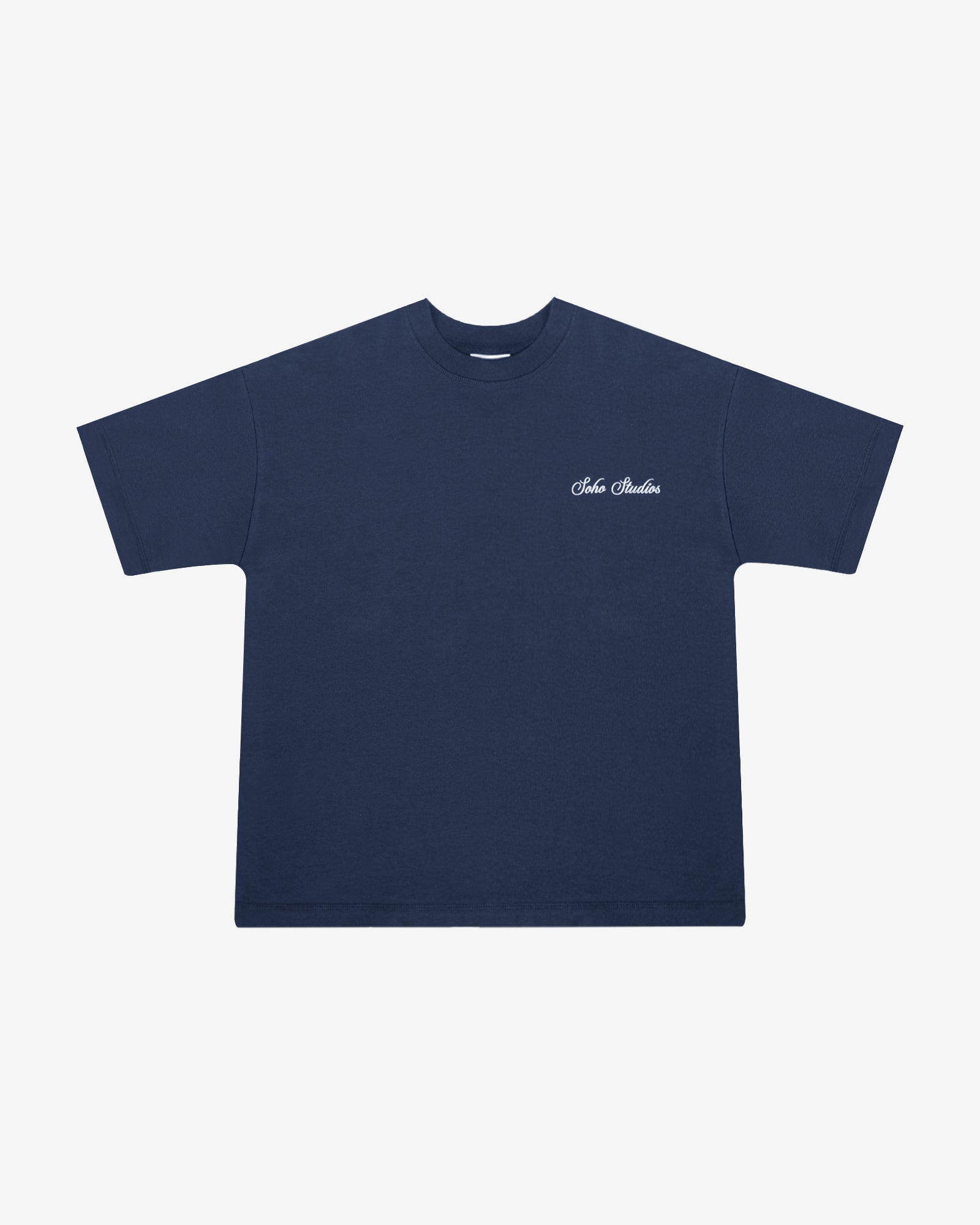A navy-colored crew neck t-shirt with the brand 'Soho Studios' embroidered on the left chest area.