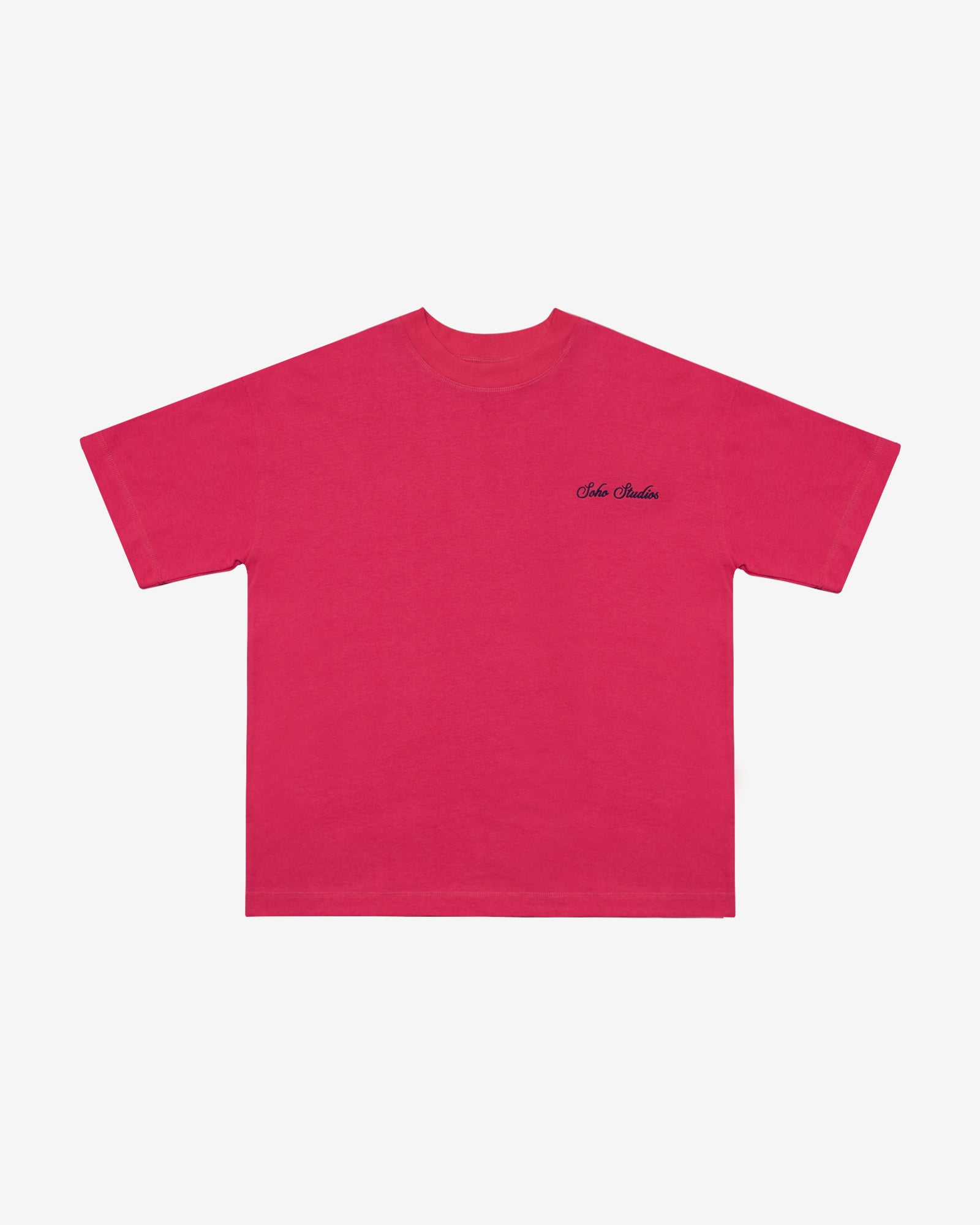 A pink crew neck t-shirt with embroidered logo on the left chest.
