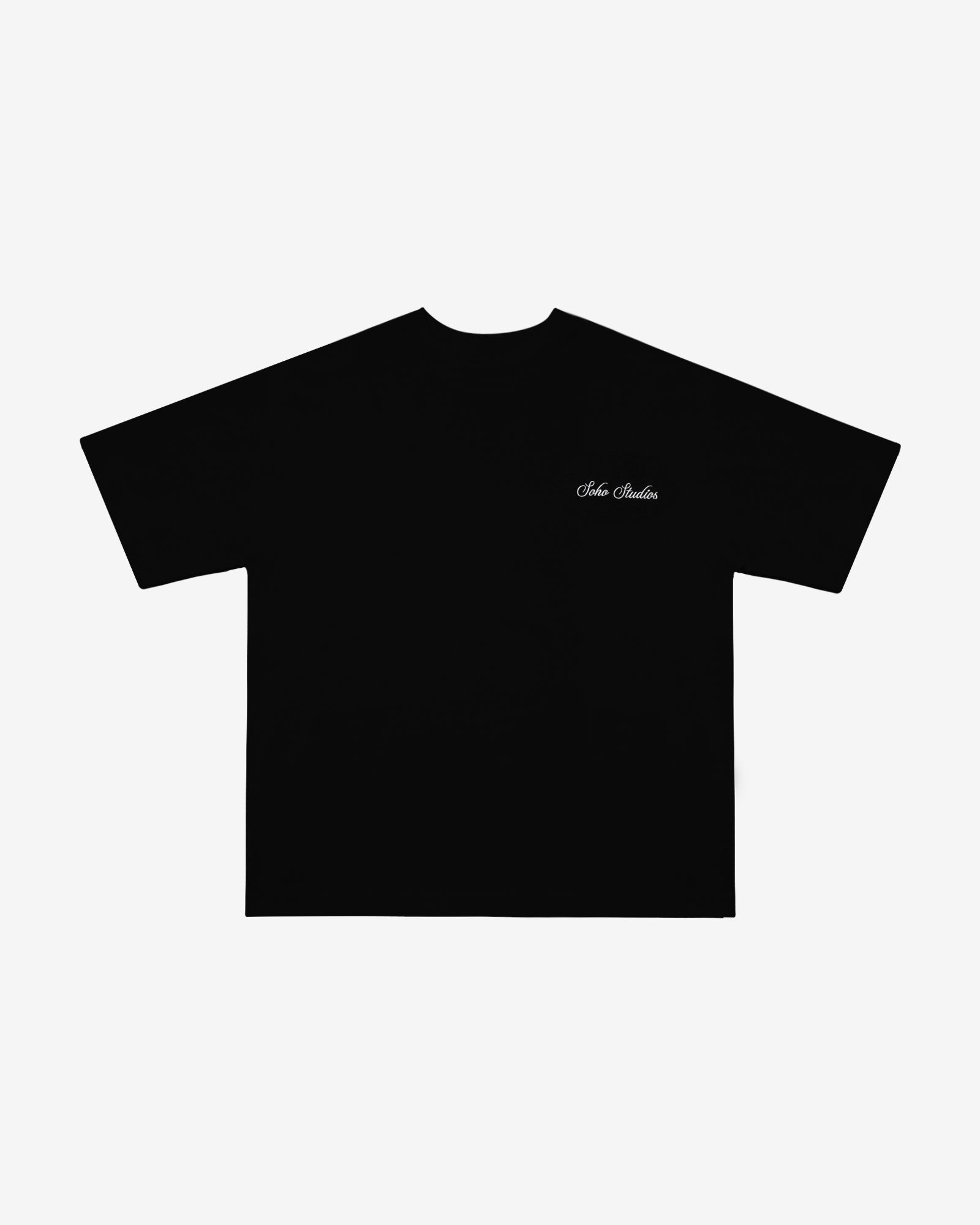 A black t-shirt with striped detailing and an embroidered logo on the left chest.