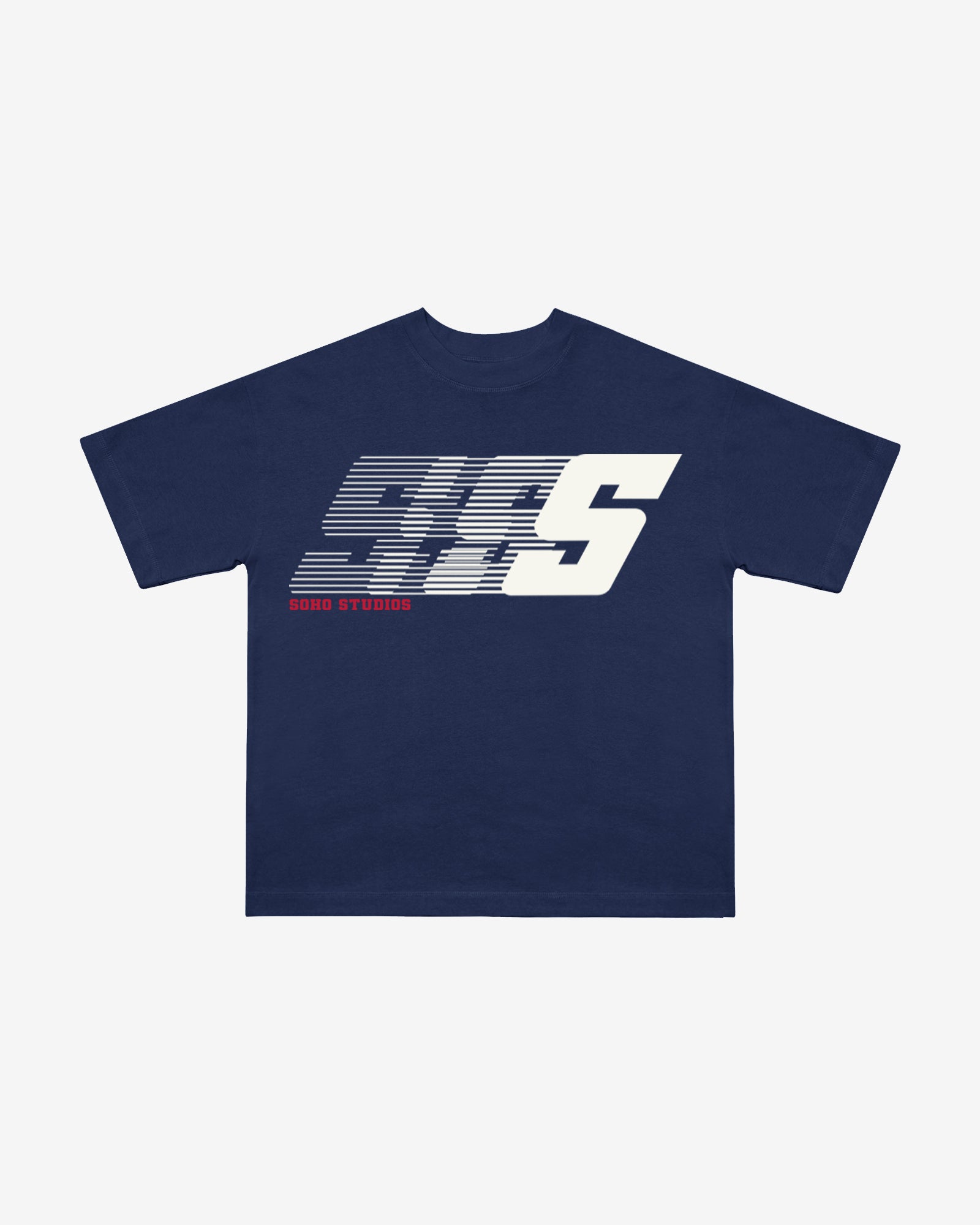 Navy blue t-shirt with a white Soho Studio logo on a light gray background