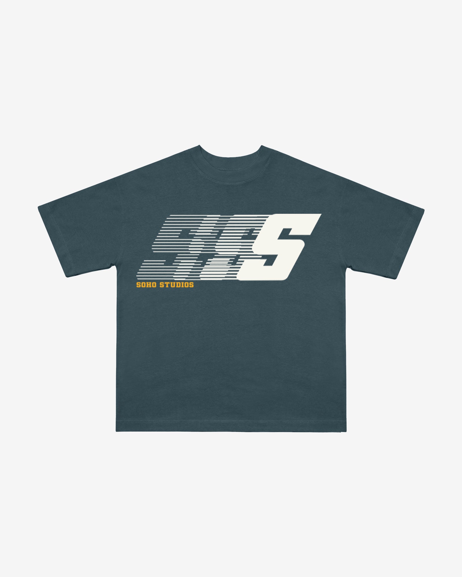 Dark green t-shirt with a white logo on a light gray background