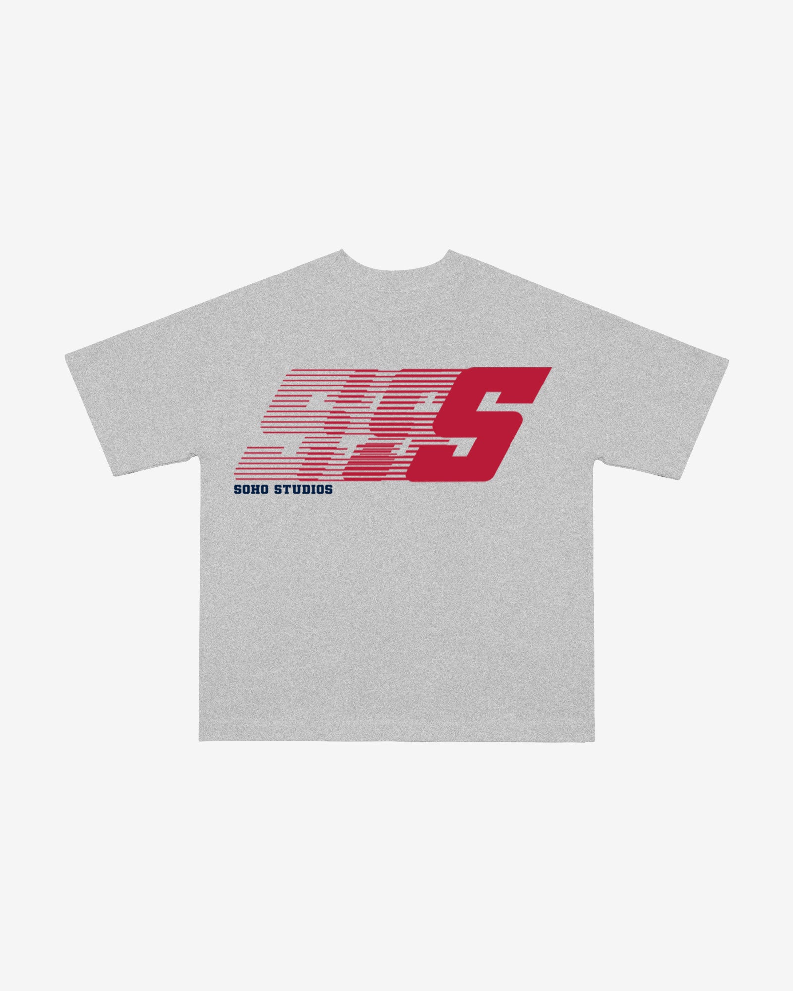Gray t-shirt with red and white Soho Studio logo on a white background