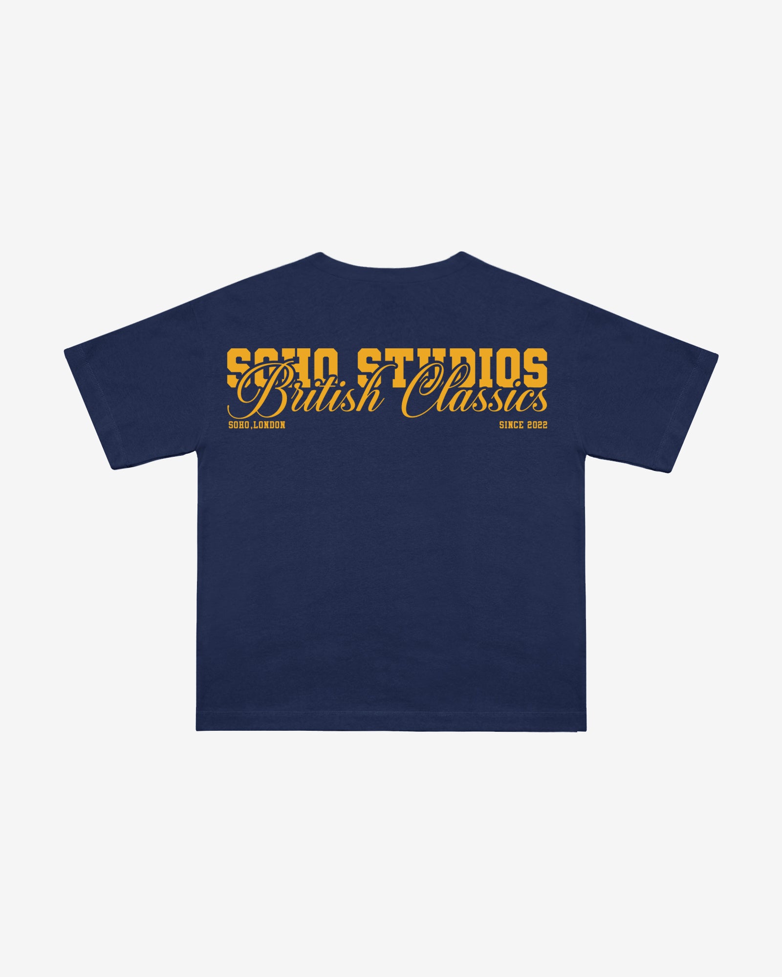 Navy blue t-shirt with yellow text on a white background