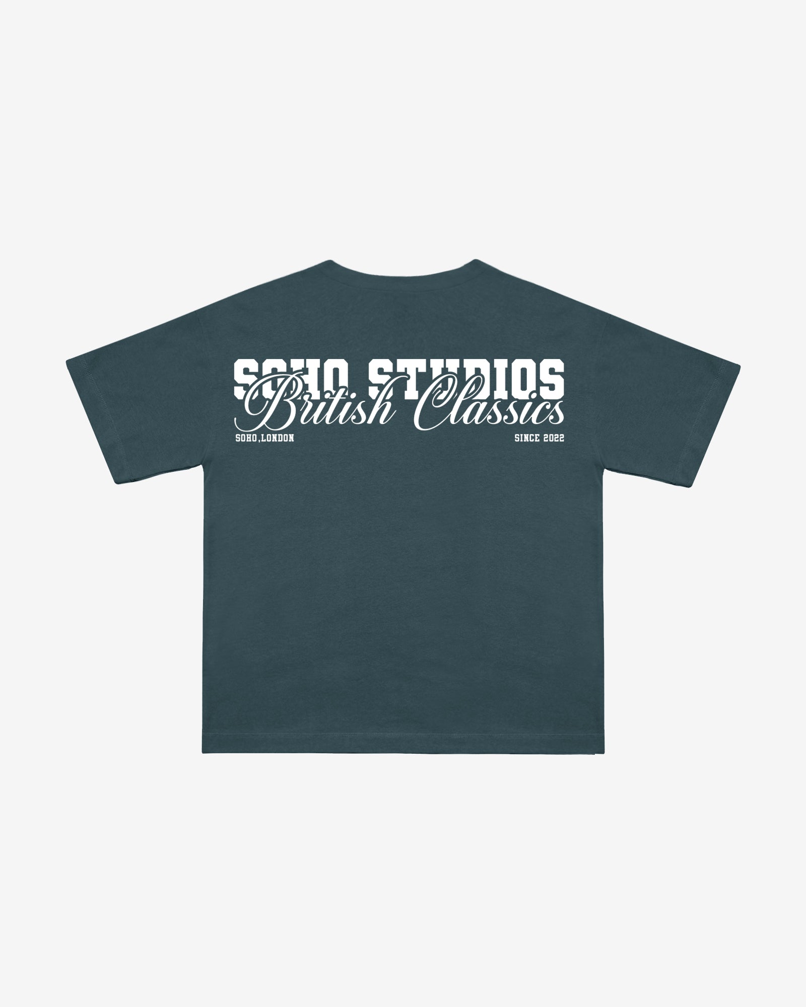 Dark green t-shirt with white text on a light gray background