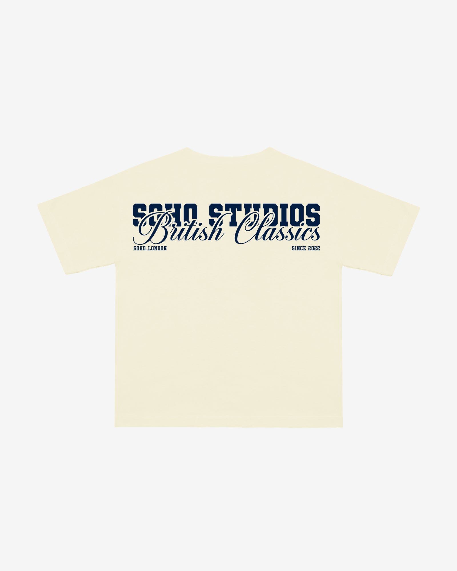 Beige t-shirt with 'Soho Studios British Classics' text on a white background