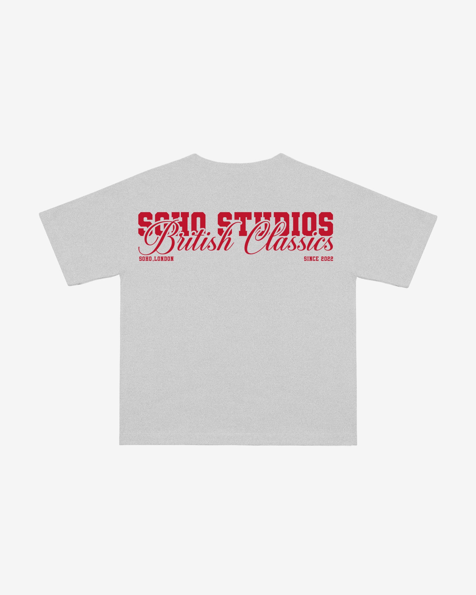 White t-shirt with red text on a white background