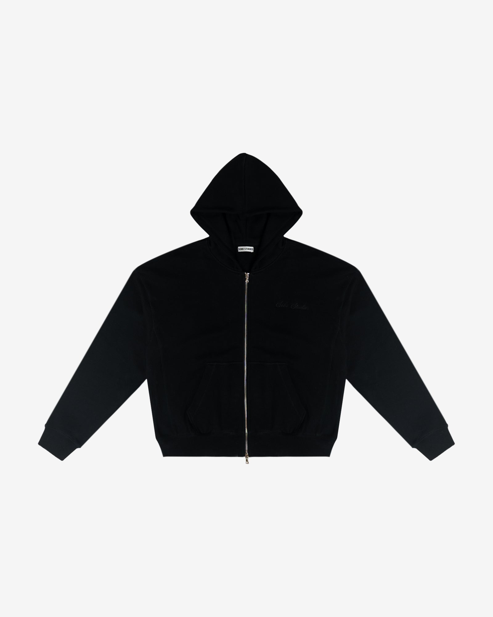 A black zipped hoodie with the 'Signature' logo embroidered on the left chest, featuring a two-way Riri zipper and a hood.