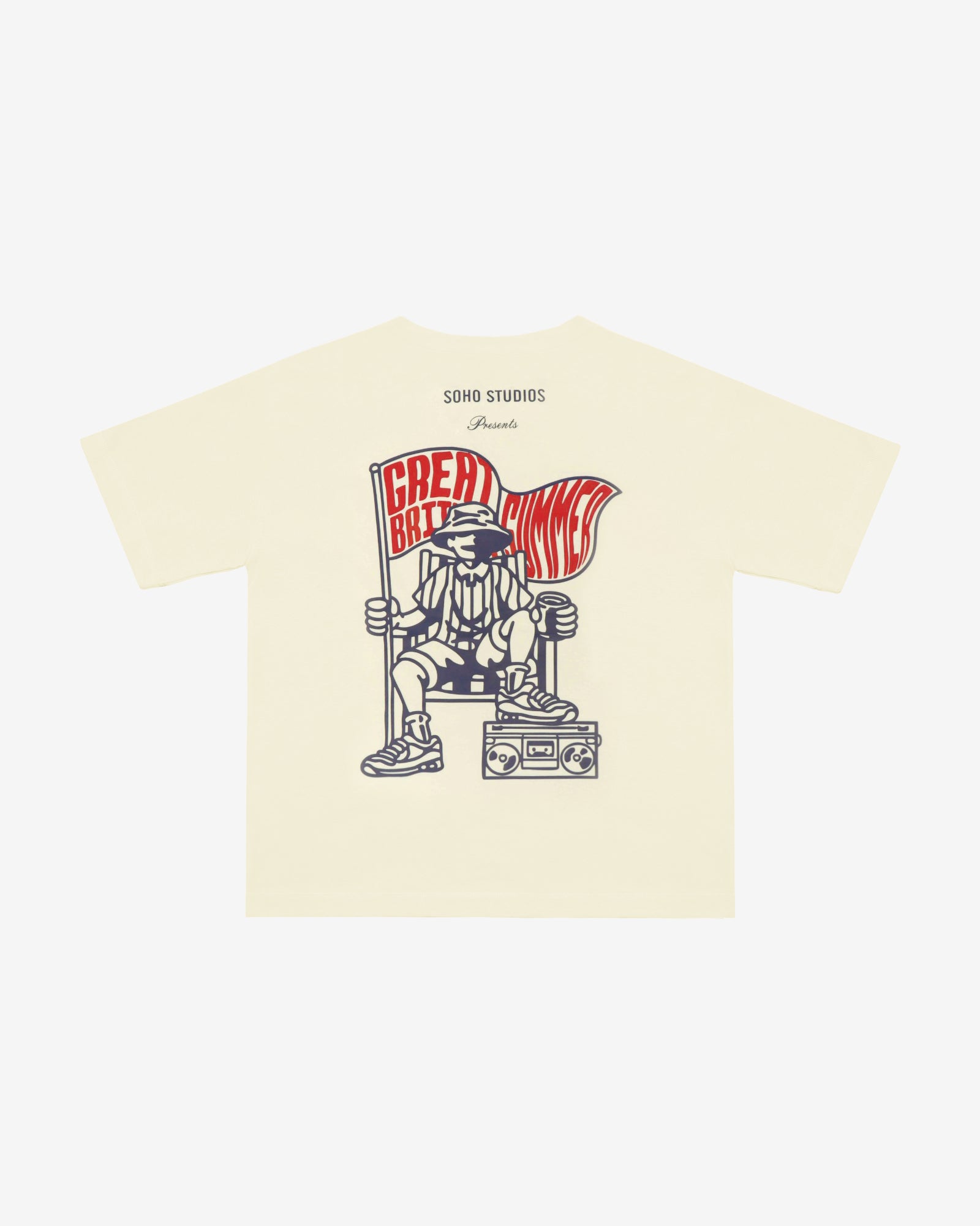 Beige t-shirt with a graphic design of a character holding a flag and sitting on a throne, on a white background.