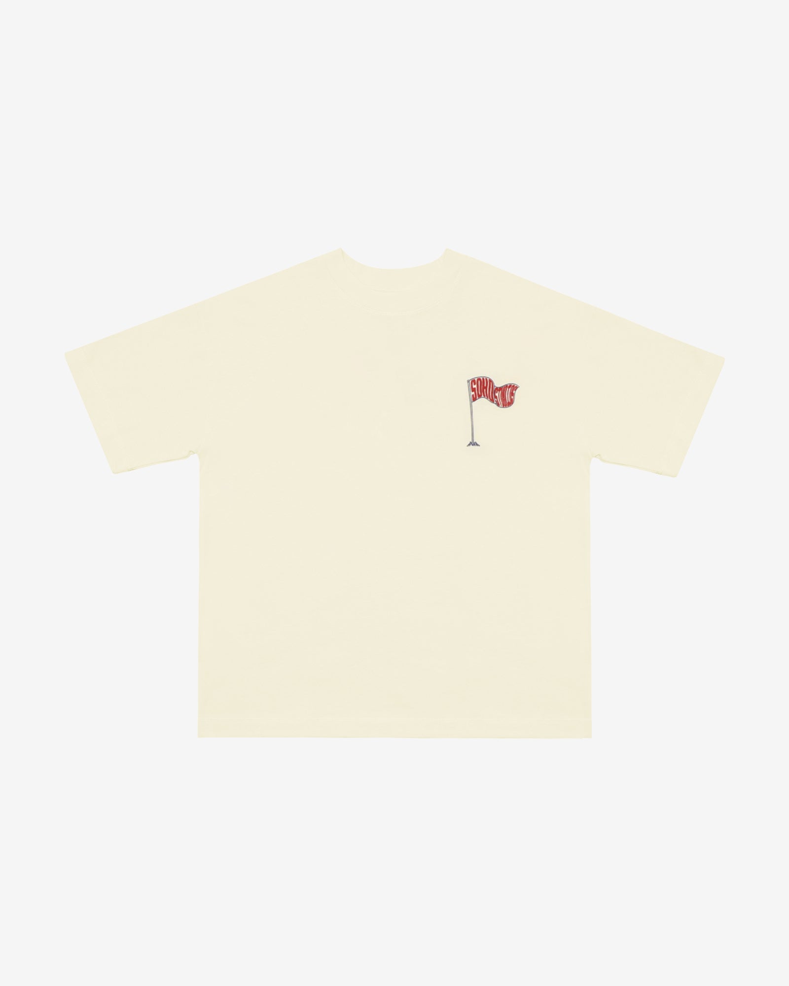 Beige t-shirt with a small red and black graphic on a white background